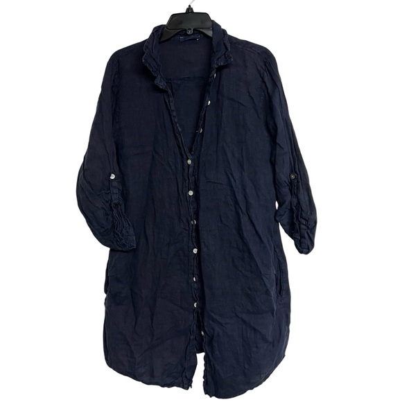 Meo Meli Linen Button Down Long Sleeve Shirt Dress Navy Blue - Picture 1 of 5